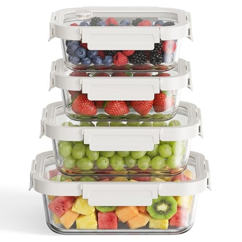 GENICOOOK Glass Fruit Storage Containers for Fridge with Glass Lids, 4 Pack Borosilicate Produce & Meal Prep Containers, Airtight BPA Free Fridge Organizer Containers | Amazon (US)