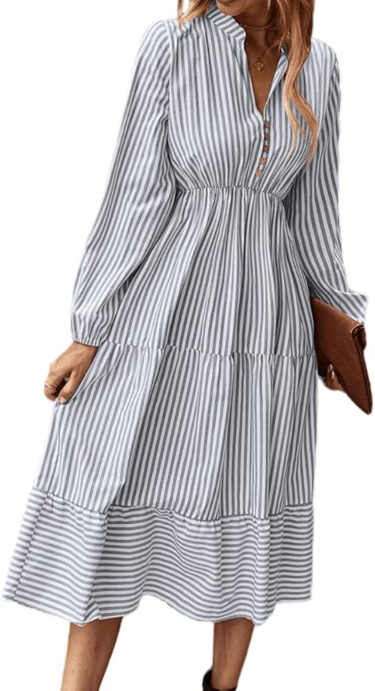 YOXUA Women's Shirt Dresses Sleeveless V Neck Midi Dress Striped Pleated Ruffle Tunic Tops Casual... | Amazon (US)
