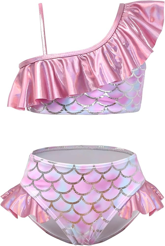 CHILDRENSTAR Girls 2 Piece Bathing Suit Shinny Metallic Ruffles One Shoulder Swimsuits Bikini Set | Amazon (US)