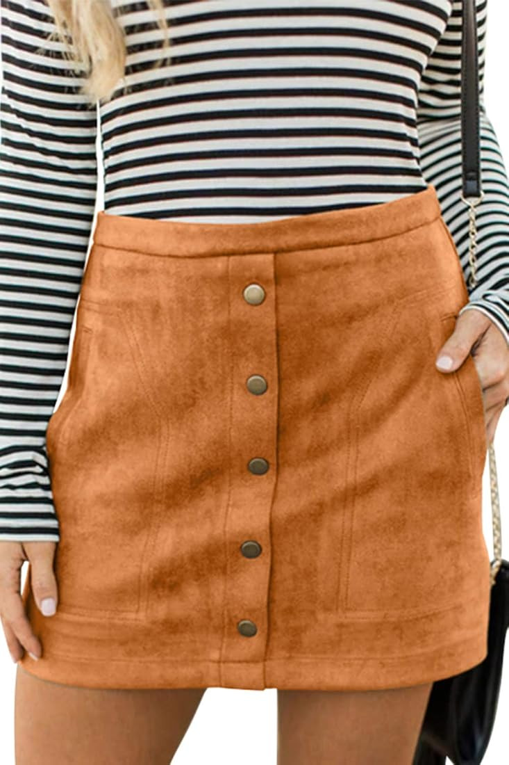 Women's Button Front Faux Suede High Waist A-line Mini Skirt with Pocket | Amazon (US)