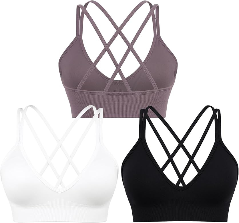 Sports Bra for Women V-Neck Strappy Criss Cross Yoga Bra Padded Seamless Workout Gym Athletic Fit... | Amazon (US)