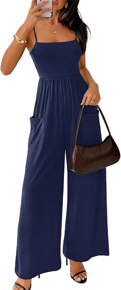 MEROKEETY Women's Summer Casual Rompers Sleeveless Spaghetti Strap Boho Wide Leg Jumpsuits Travel... | Amazon (US)