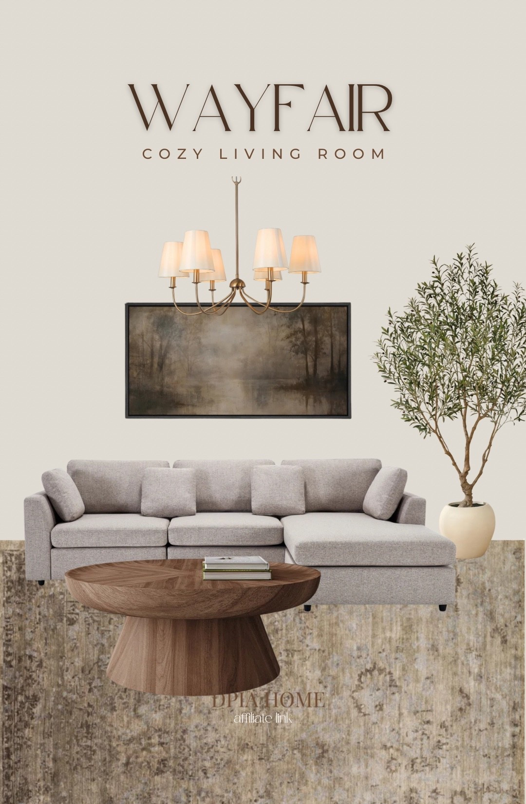 Cozy living room finds from Wayfair. Sofa sectional, area rug, large olive tree, wall art, chandelier. 

#LTKStyleTip #LTKHome #LTKSaleAlert