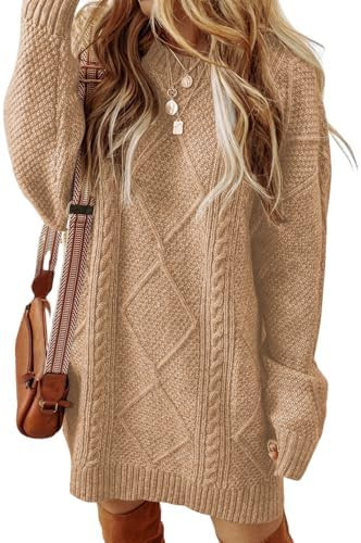 ZAFUL Women's Cable Knit Sweater Dress Long Sleeve Loose Crew Neck Pullover Tunic Mini Sweater Dr... | Amazon (US)