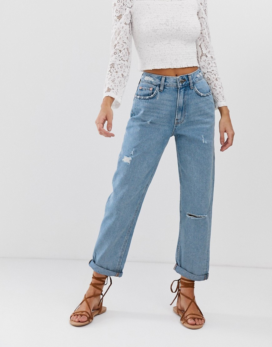 River Island mom jeans in mid wash-Blue | ASOS (Global)