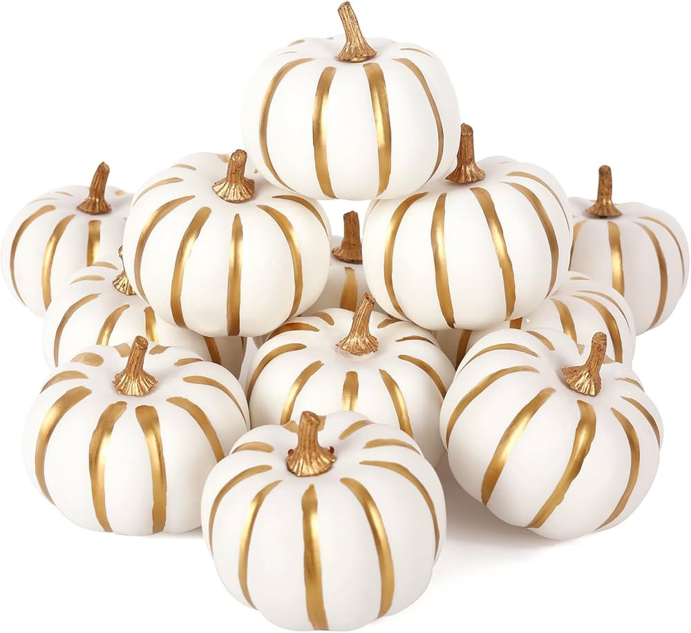 Whaline 12 Pcs Artificial Pumpkins Bulk White with Gold Edges Fake Foam Pumpkins Faux Harvest Foa... | Amazon (US)