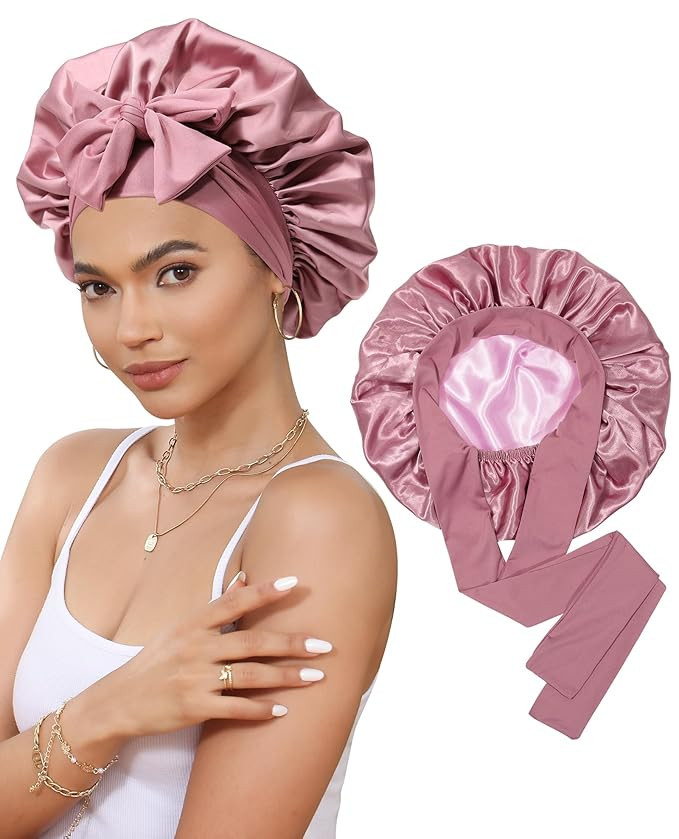 Satin Bonnet Silk Bonnet for Sleeping Silk Sleep Cap Double Layer Hair Bonnet with Elastic Tie Ba... | Amazon (US)