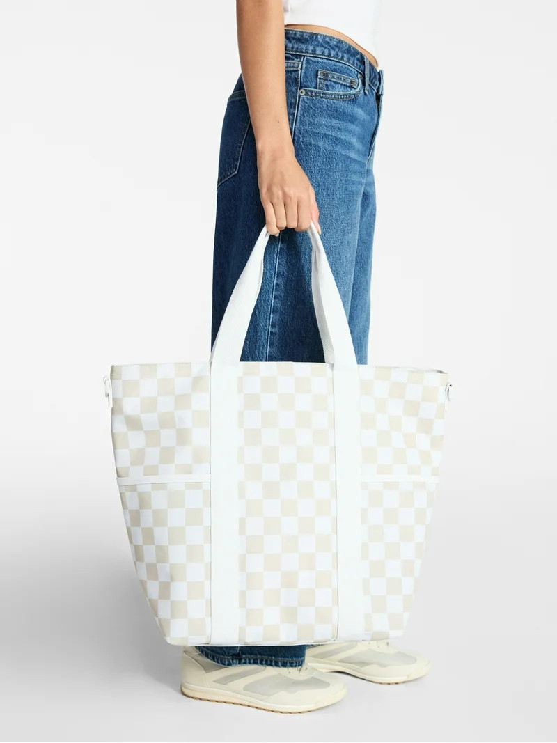 No Boundaries Women's Beach Insulated Tote Bag, Tan Checker | Walmart (US)
