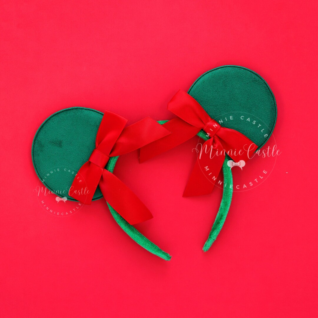 Christmas Ears, Mickey Ears, Coquette Ribbon Bow Minnie Ear, Red Double Bow With Green Mouse Ear,... | Etsy (US)