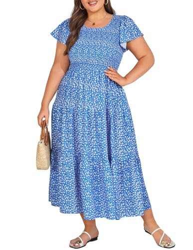 KIMCURVY Plus Size Women's Spring Business Casual Dress with Pockets Spring Dresses Blue White Floral 18W 2X | Amazon (US)