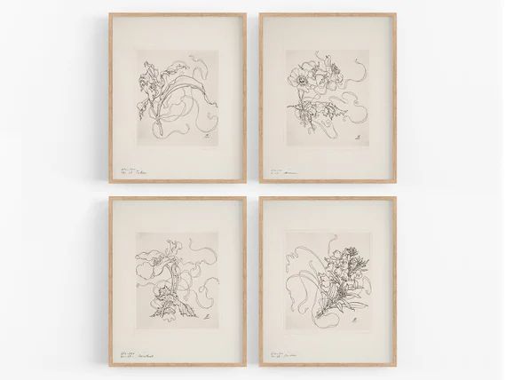 Set of Four French Porcelain Flower Sketches, Set #1 / Botanical Art / Nursery Art / French Art /... | Etsy (US)