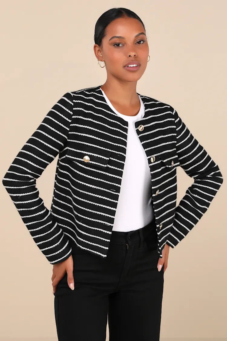 Poised Inclination Black and White Striped Collarless Jacket | Lulus