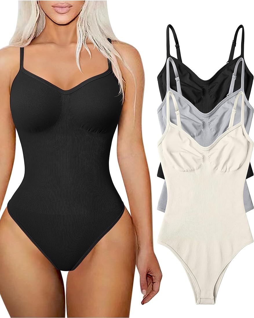 TOB Women's 3 Piece Bodysuits Sexy Ribbed Sleeveless Adjustable Spaghetti Strips Tops Bodysuits | Amazon (US)
