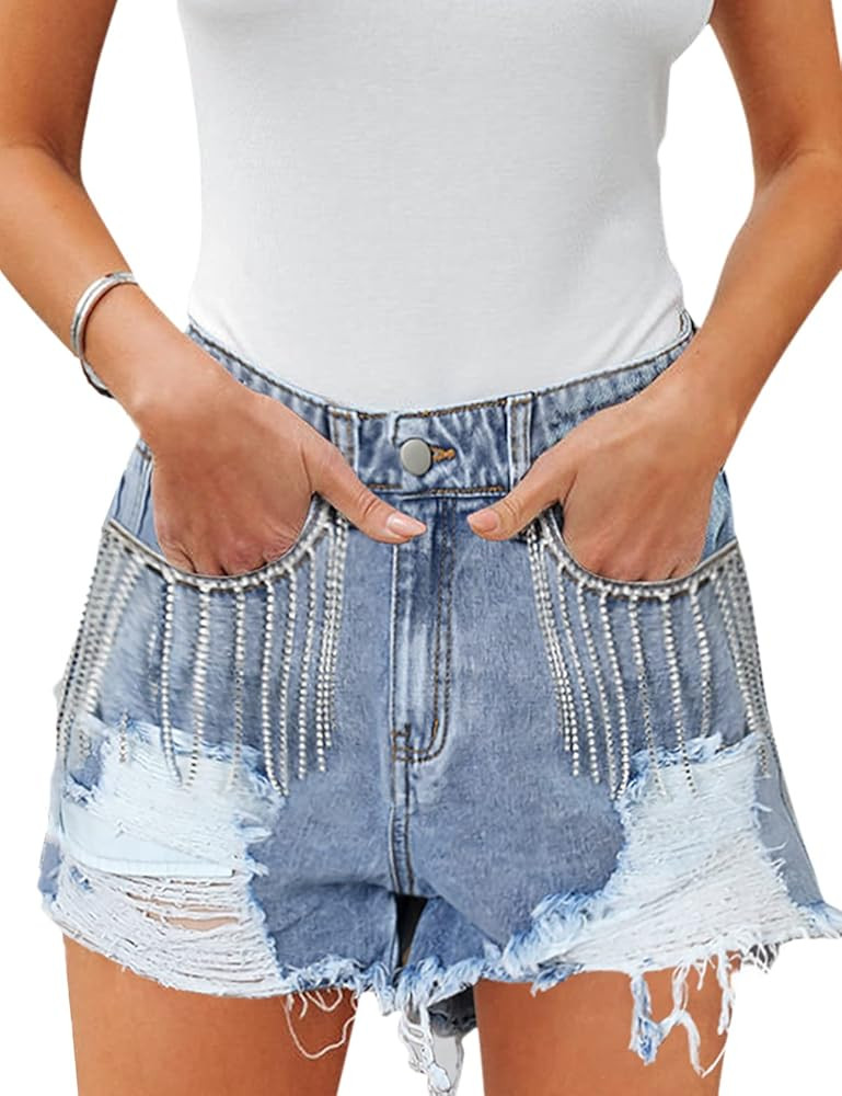Womens Rhinestone Denim Shorts Distressed Jean Shorts Ripped Tassel Mid Rise Stretchy Shorts with... | Amazon (US)