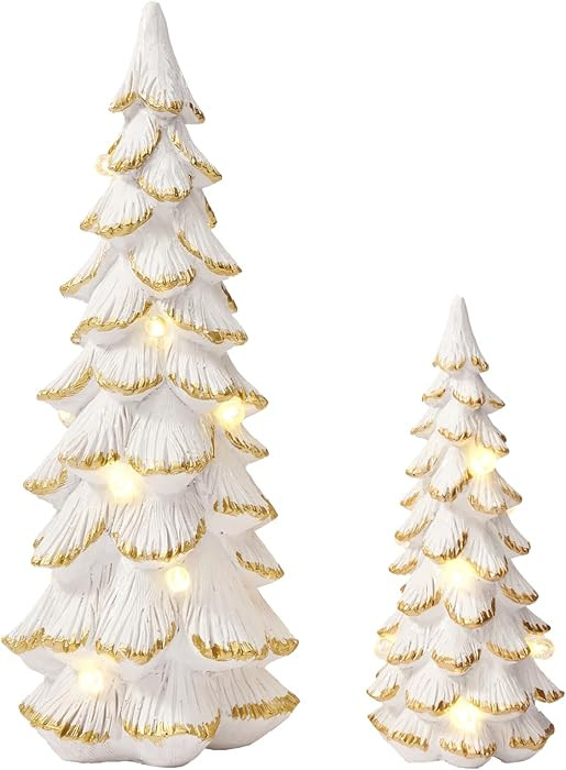 WDS WONDROUS Christmas Trees Figurine White Light Up, 2Pcs Christmas Tree Lighted, Resin Matte Sm... | Amazon (US)