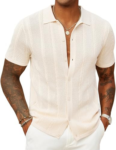 COOFANDY Mens Knitted Polo Shirt Summer Button Up Shirts Short Sleeve Casual Crochet Shirt Big and Tall Dress Shirts Beach Wedding Attire Cream | Amazon (US)