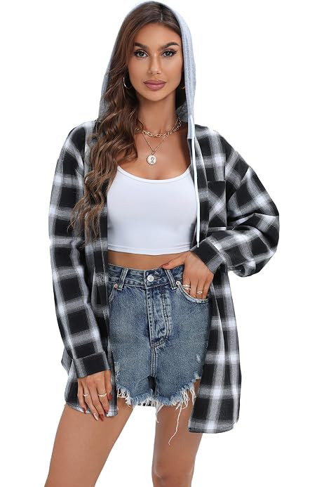 HOTOUCH Womens Fleece Lined Plaid Shacket Jacket Hoodies Flannel Button Down Boyfriend Shirts Winter Coats with Pockets | Amazon (US)