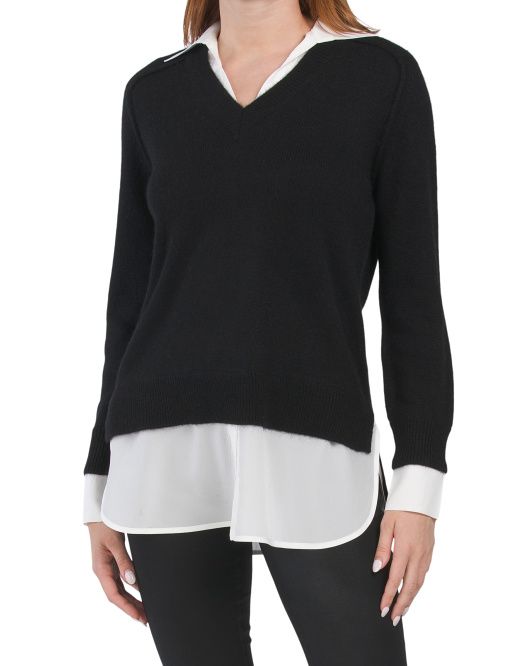 Cashmere Layered Twofer Sweater With Silk Blouse | TJ Maxx