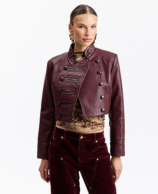 Women's Double-Breasted Military-Style Cropped Faux Leather Jacket | Macy's