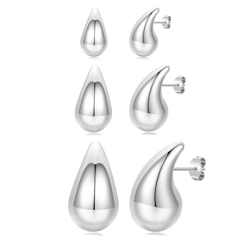 Silver Drop Earrings Dupes,TearDrop Earrings Jewelry for Women Trendy,Chunky Silver Hoop Earrings Set,Hypoallergenic Sterling Silver Post Lightweight Designer Earrings(Small Medium Large) | Amazon (US)