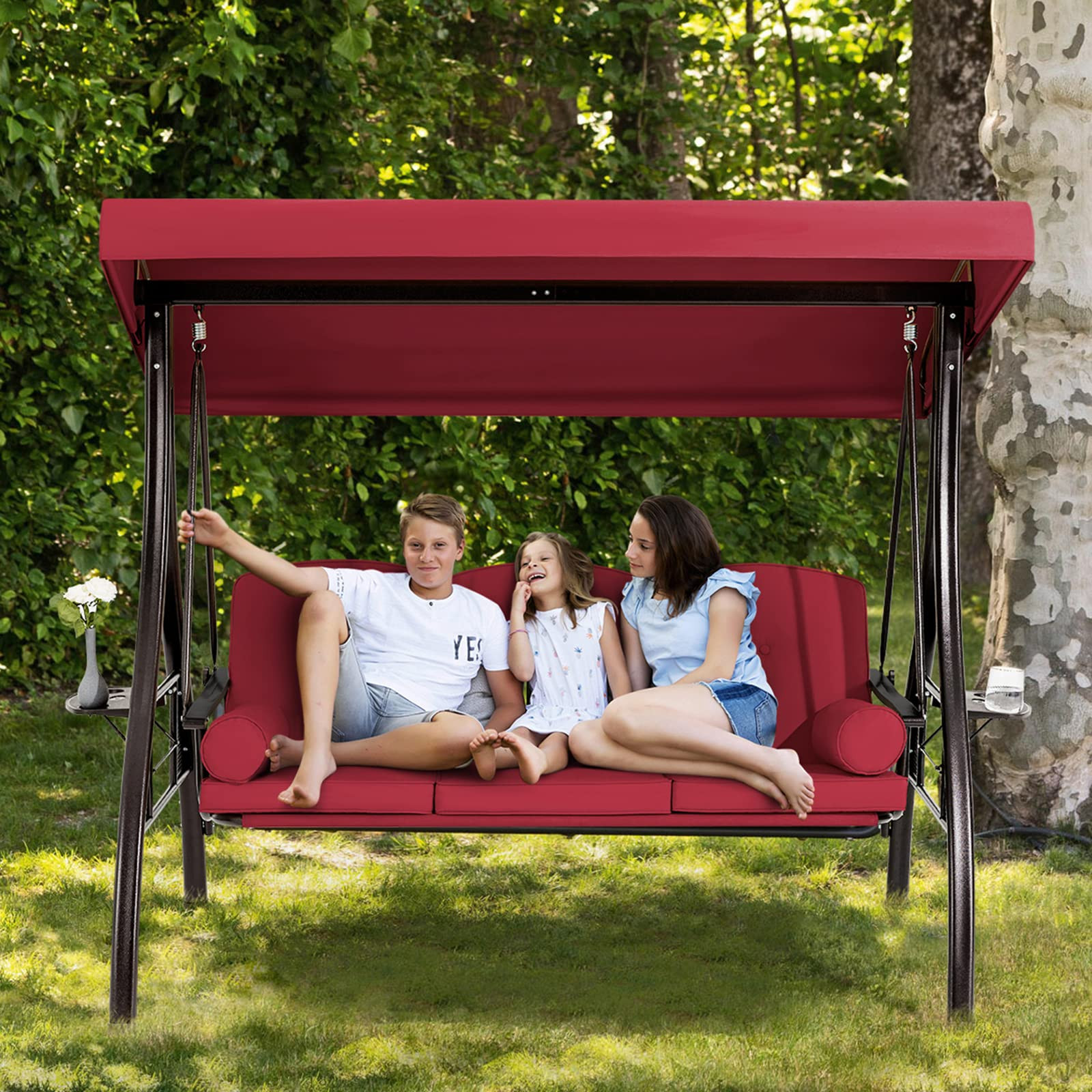 HOMREST 3 Person Outdoor Porch Swing with 1.5" Upgraded Cup Holder, Adjustable Canopy, Backrest, ... | Amazon (US)