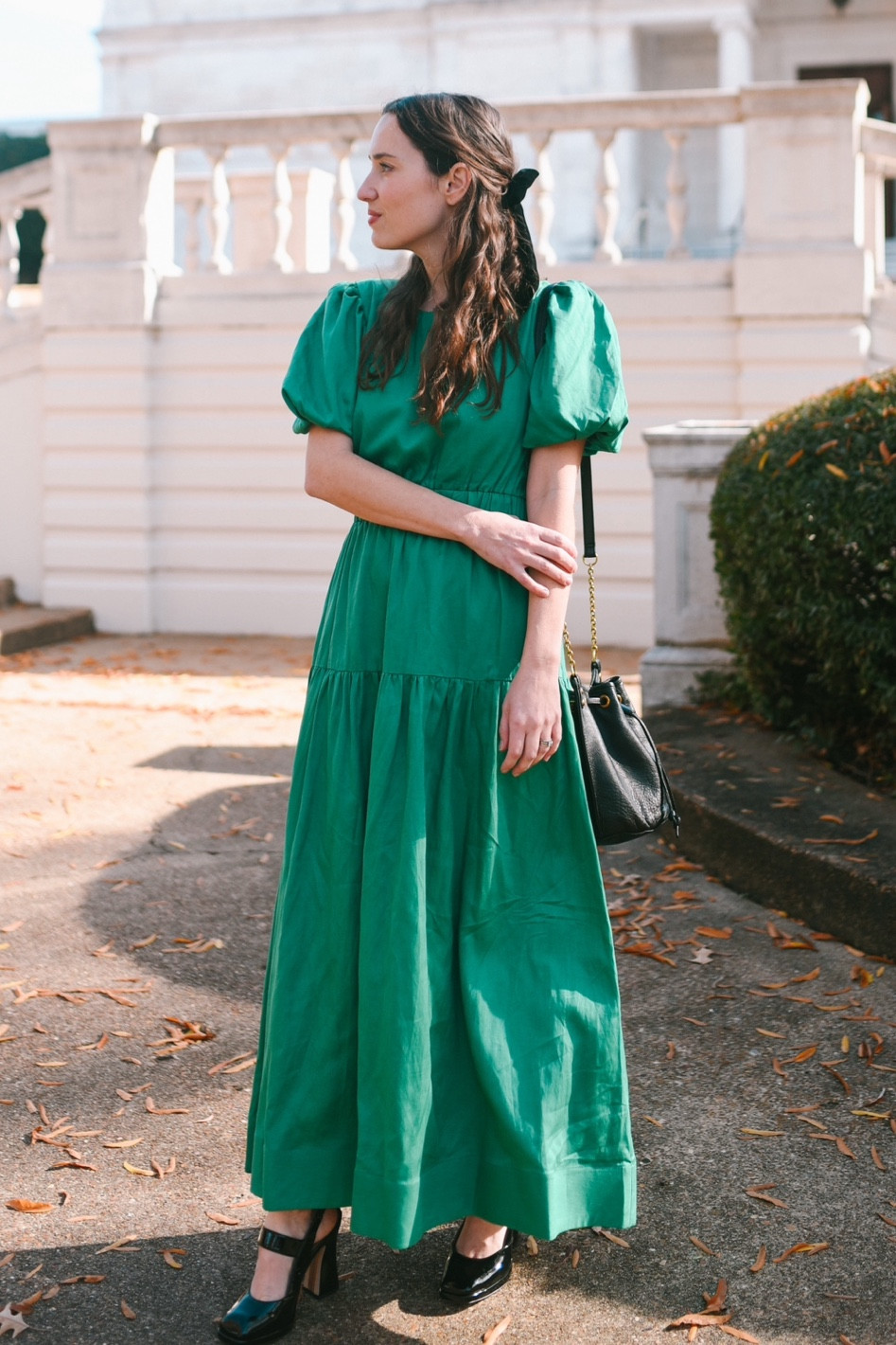 Green dress, Tuckernuck maxi dress, holiday party dress, Christmas dress, winter dress, puff sleeve dress with black Mary Jane heels, black hair bow 

#LTKSeasonal #LTKparties #LTKHoliday