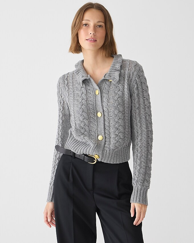 Cable-knit ruffleneck cardigan sweater | J. Crew US
