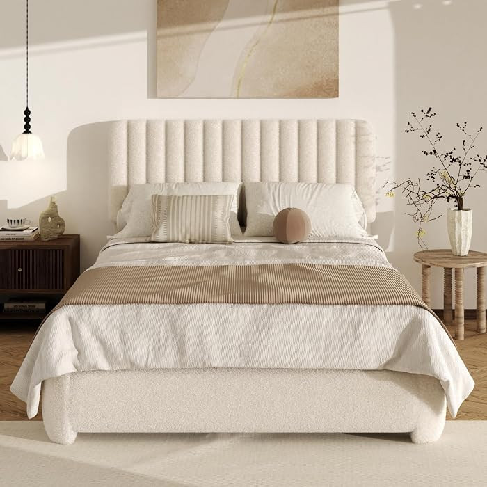 Queen Boucle Bed Frame, Upholstered Cloud Platform Bed Frame with Adjustable Headboard, Vertical ... | Amazon (US)
