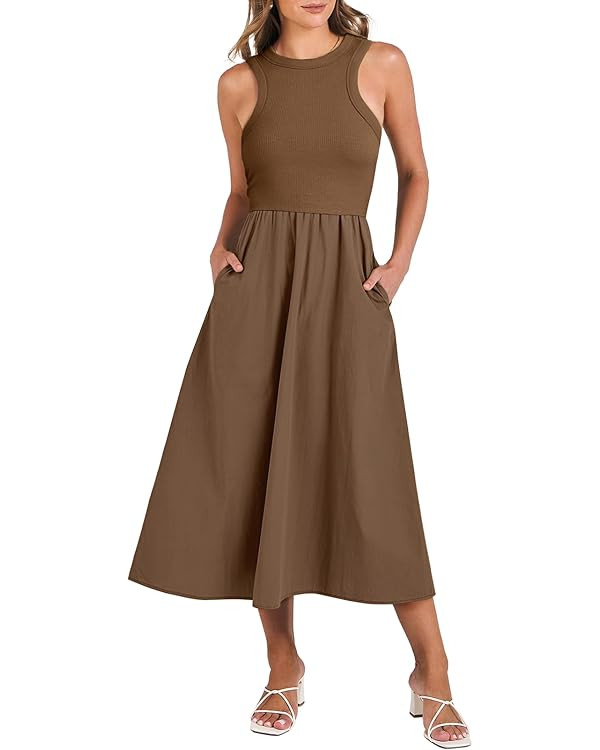 ANRABESS Women's Summer Casual Sleeveless Midi Sundress Patchwork Knit High Neck Tank Top Racerba... | Amazon (US)