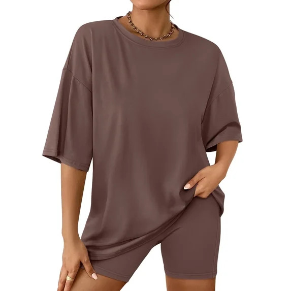 SUNBS 2 Piece Outfit for Women Lounge Sets Oversized Tshirts Matching Biker Short Summer Clothing... | Walmart (US)