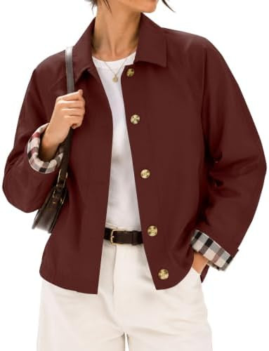 LOMON Womens Short Trench Jacket Plaid Lining Button Front Lightweight Classic Casual Outerwear w... | Amazon (US)