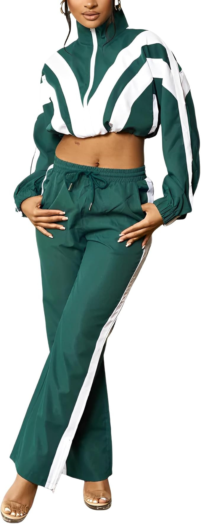 Women's 2 Piece 80s Outfit Color Block Crop Top Sweatshirt Pants Set Long Sleeve Windbreaker Jack... | Amazon (US)