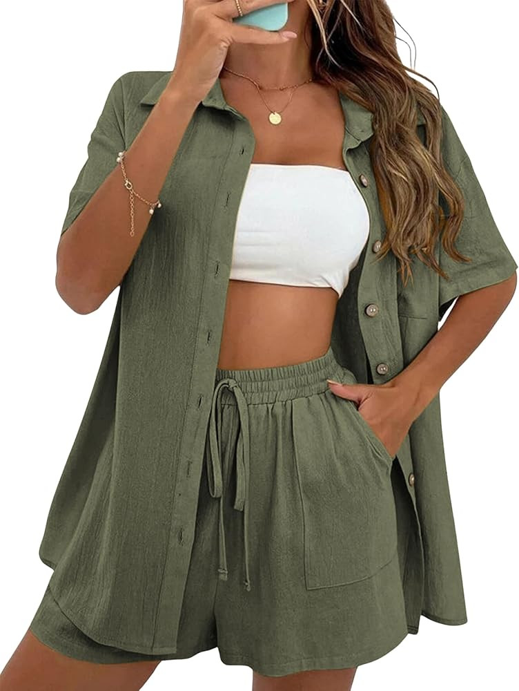 SeekMe Linen Short Sets for Women Short Sleeve Top Shorts 2 Piece Summer Beach Vacation Outfits L... | Amazon (US)