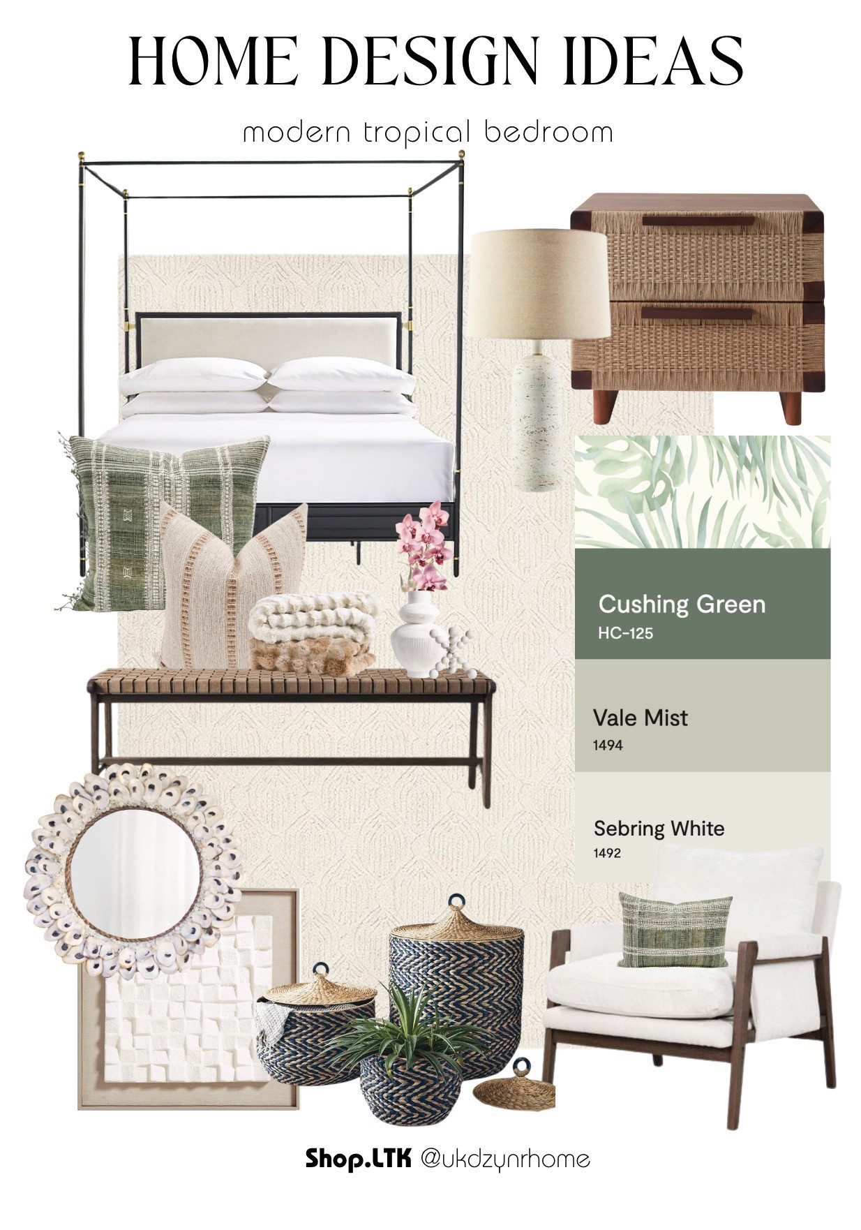 Tropical Inspired Bedroom Design Mood Boards | Poster Bed | Woven Nightstands | Bench | Green Oatmeal Decorative Pillows  | Accent Rug | Casual Accent Chair | Scalloped Mirror | Woven Storage Baskets | Faux Fur Throws

#LTKHome #LTKStyleTip