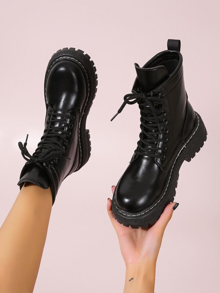 Lace-up Front Combat Boots, Women's Motorcycle Boots Flat Heel Black Neutral Solid Color Fashion ... | SHEIN
