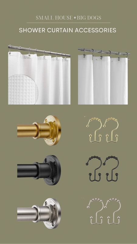 Everything you need to elevate your bathroom shower curtain. Extra long white waffle shower curtain, extra long liner, gold, black, and nickel shower curtain rods, and matching double shower curtain hooks!

#LTKhome