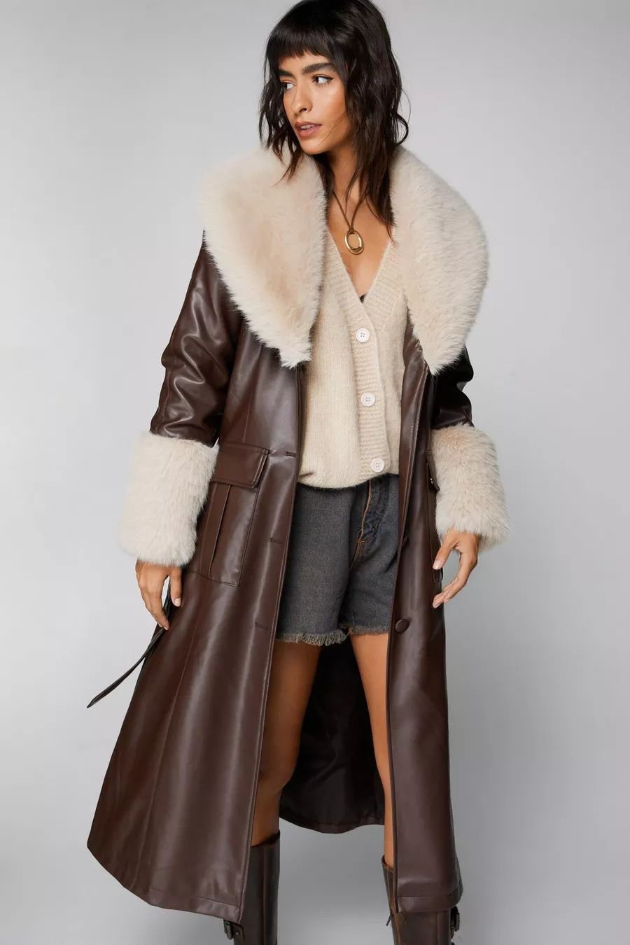 Faux Fur Trim Faux Leather Trench Coat | Nasty Gal US