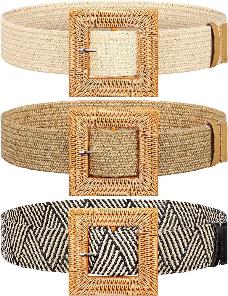 3 Pieces Straw Woven Elastic Stretch Waist Belt Skinny Dress Braided Waist Belt Wood Color Buckle fo | Amazon (US)