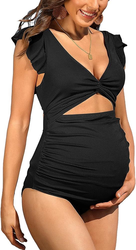 Charmo Ruffle Ribbed Maternity Swimsuit One Piece High Waisted Pregnancy Bathing Suits Push Up Sw... | Amazon (US)