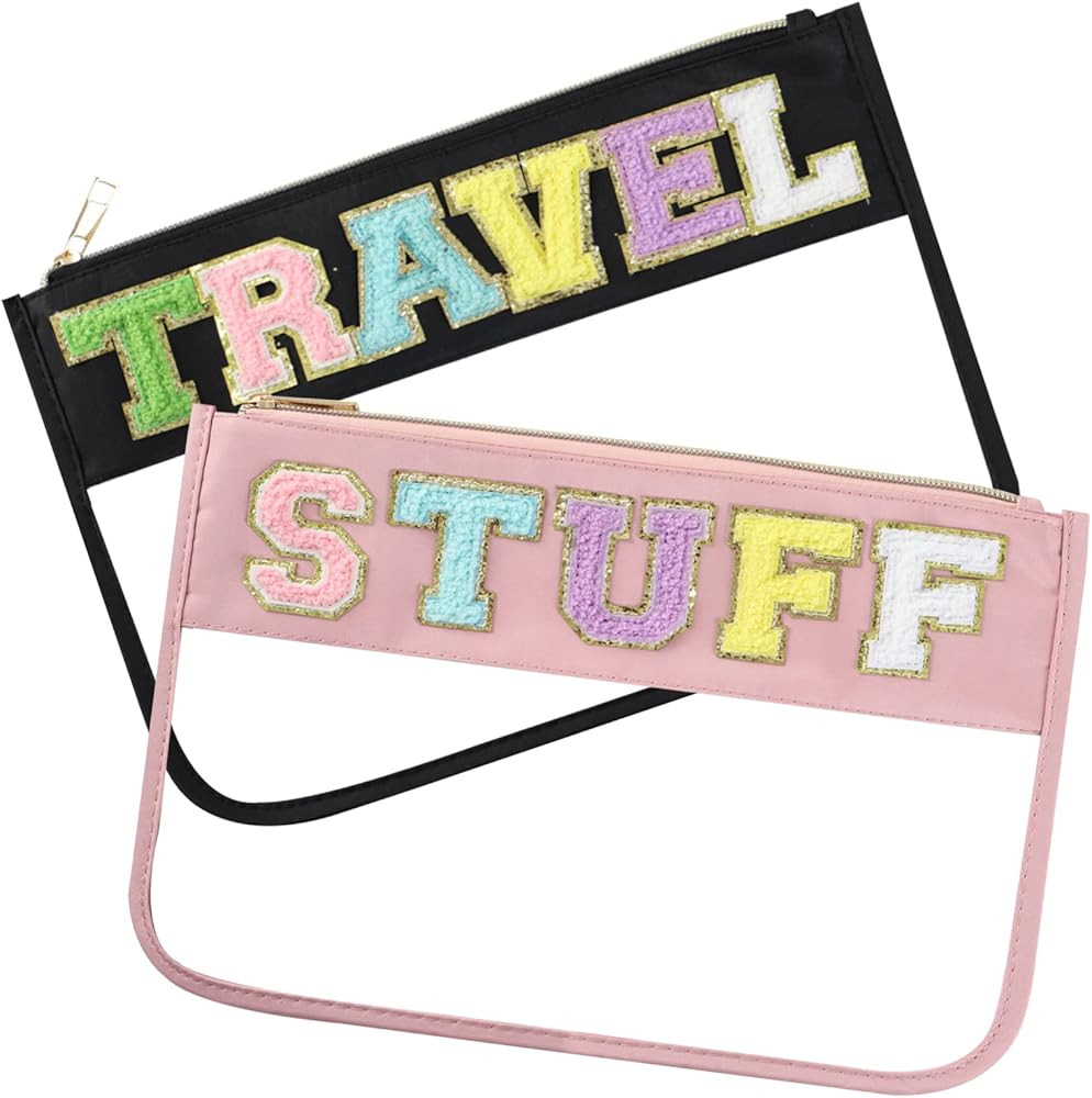 Amazon.com: 2Packs Chenille Letter Clear Zipper Pouch for Travel,Nylon Clear Cosmetic Bag,Transpa... | Amazon (US)