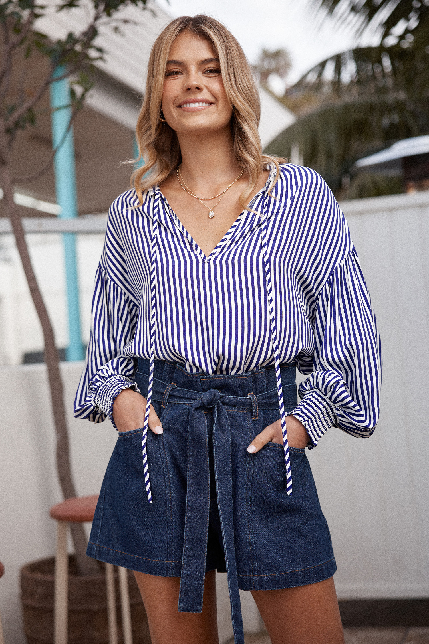Striped Balloon Sleeve Top - L | Cupshe US