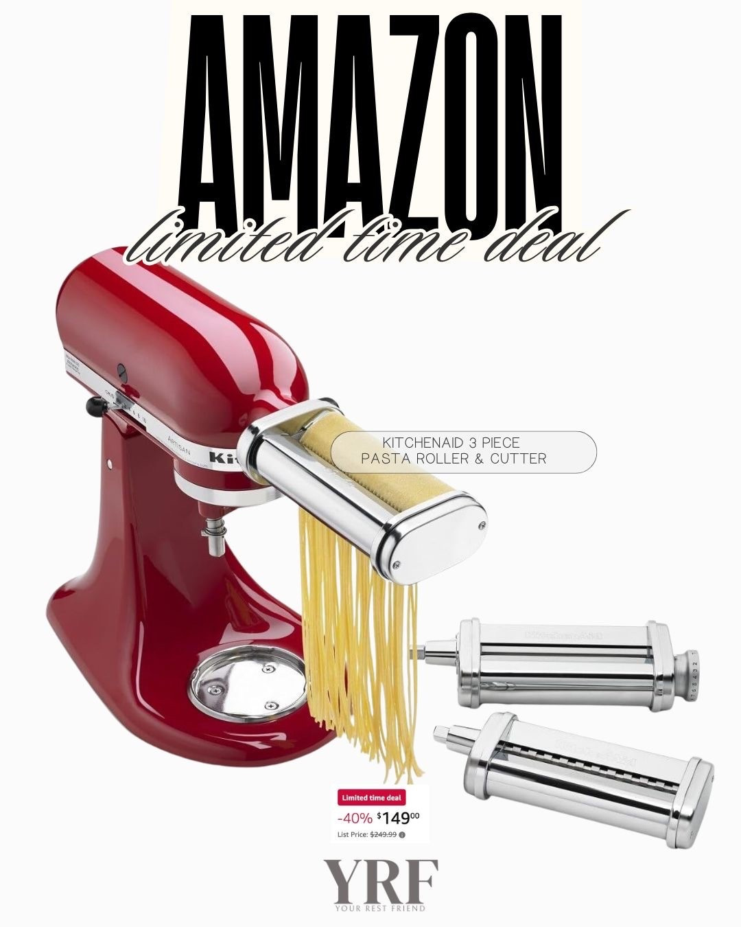 The KitchenAid 3-piece pasta roller and cutter set is on daily deal today. Fresh pasta made easy—perfect for home chefs and kitchen gadget lovers.

#KitchenAid #PastaRoller #LTKFinds #LTKDeals #LTKKitchen #AmazonFinds #AmazonDeals #KitchenEssentials #CookingTools #HomeChef #LTKHome #KitchenGadgets #MealPrepEssentials #LTKPrimeFinds

#LTKHome #LTKSaleAlert