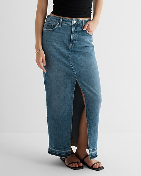 High Waisted Drop Hem Front Slit Maxi Denim Skirt | Express