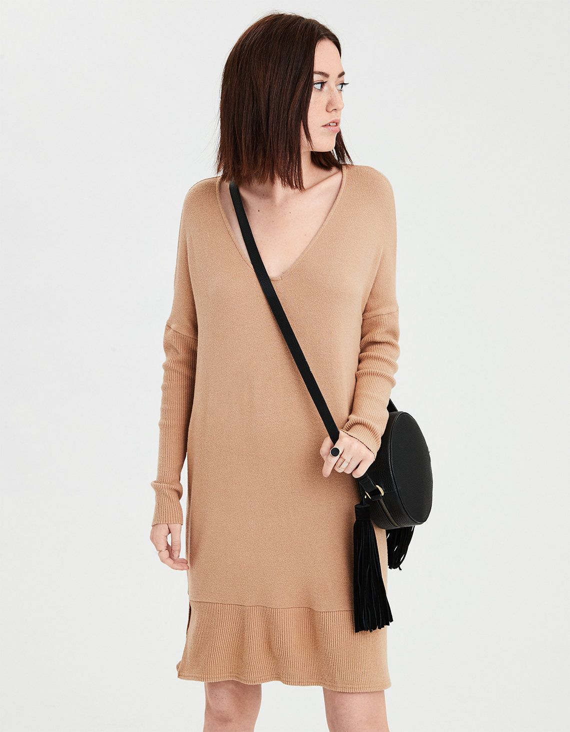 AE Soft & Sexy Plush Shift Dress, Golden | American Eagle Outfitters (US & CA)