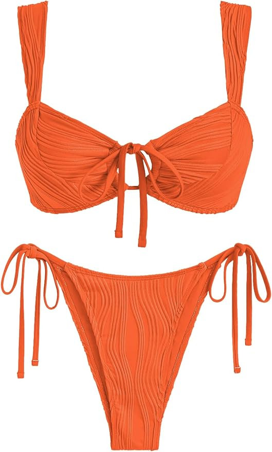 ZAFUL Women's Cinched Bikini Solid Color Wave Textured Knotted Tied Side Two Piece Swimsuit Bathi... | Amazon (US)