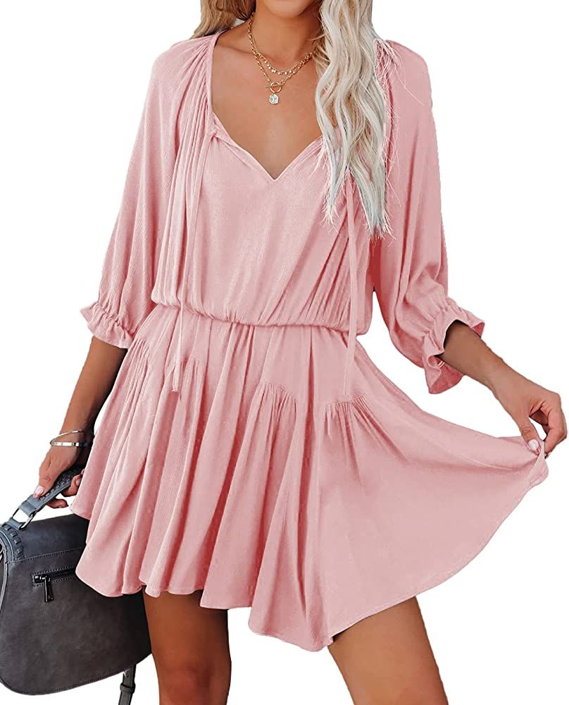 BTFBM Women Casual Summer Dresses Ruffle 3/4 Sleeve Tie V Neck High Waist Solid Soft Cute Short Flow | Amazon (US)