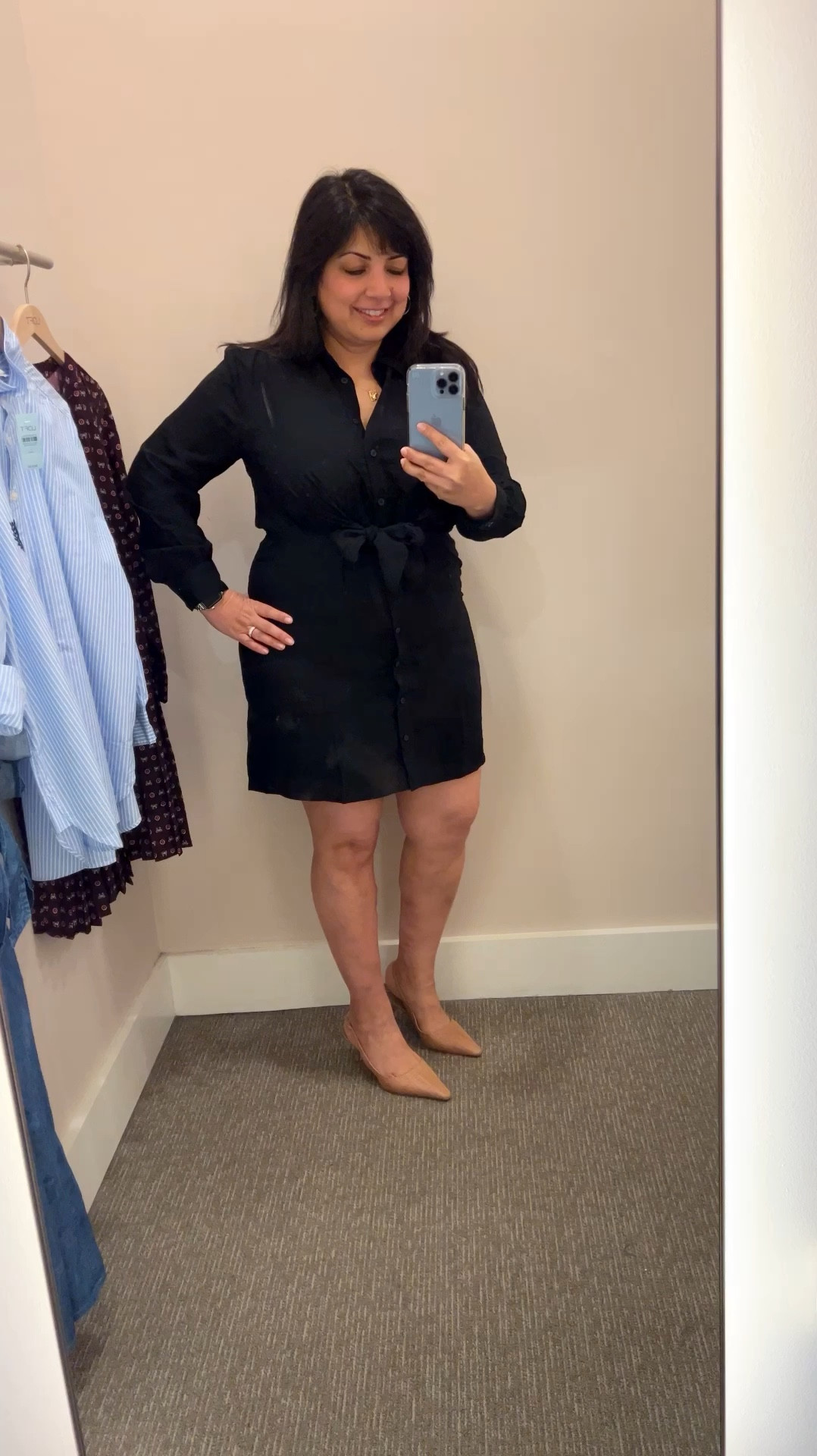 Loft Sale! Extra 50% off sale styles + an extra 20% off your $150+ purchase! The perfect tie front black shirtdress! Perfect fall outfit for workwear or going out. Wearing it here in size 12 petite. Sam Edelman sling back heels true to size. Kendra Scott gold hoop earrings. Electric Picks necklace. 

#LTKFindsUnder50 #LTKVideo #LTKMidsize