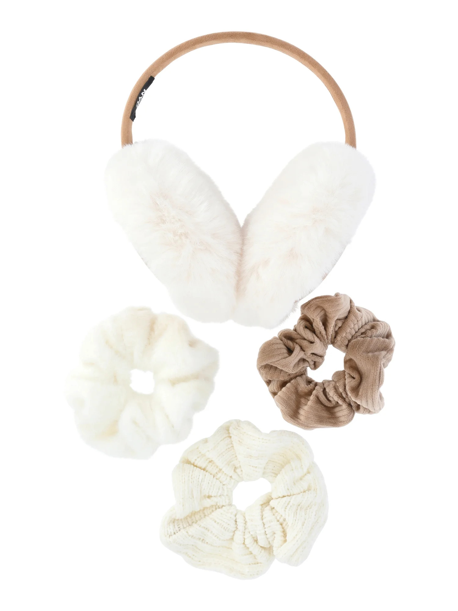 Madden NYC Women's Faux Suede Ear Muffs and Hair Scrunchy Set, 4-Piece, Tan | Walmart (US)