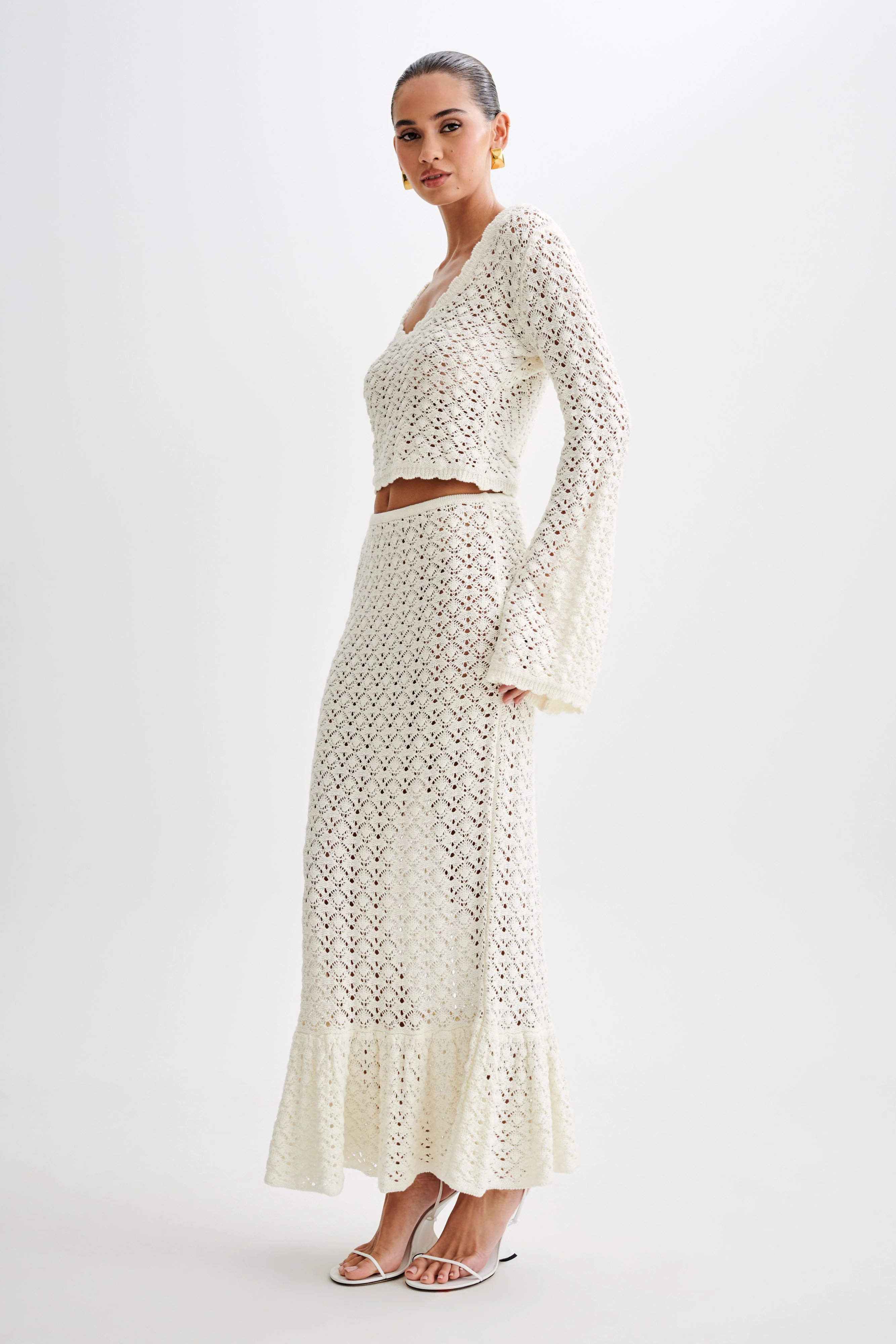 Anais Frill Knit Midi Skirt - Ivory | MESHKI US