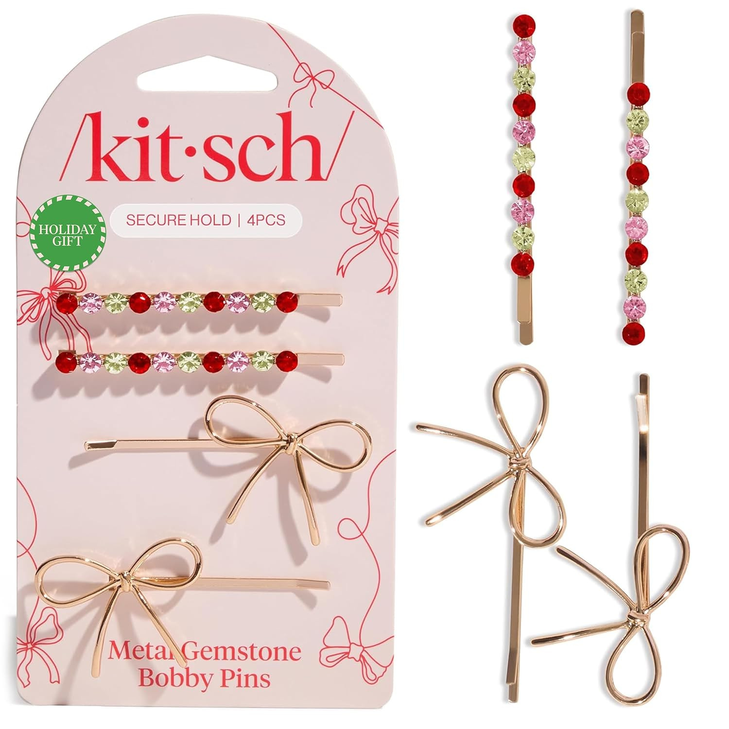 Kitsch Metal Bow & Gemstone Bobby Pins for Women - Stylish Hair Pins for All Hair Types, No-Slip ... | Amazon (US)